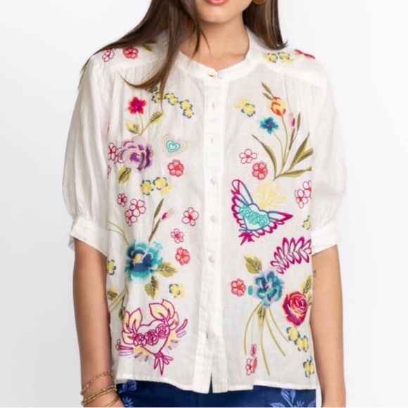 Johnny Was Tops - Johnny Was Jessi Shirred Yoke Linen Blouse 100% Linen Size XS